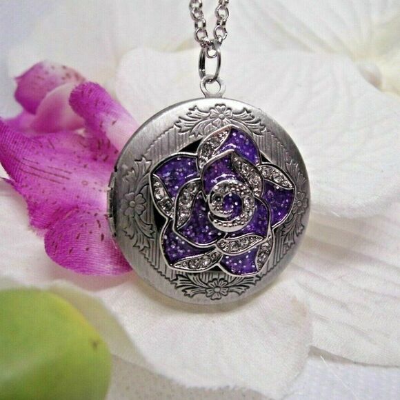 Rhinestone Rose Purple Silver Locket Necklace Rnd - Picture 1 of 8